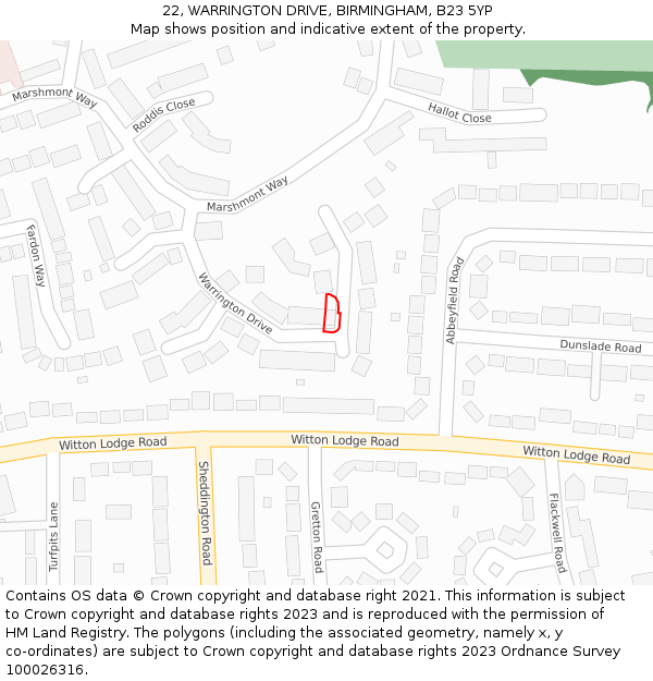 22, WARRINGTON DRIVE, BIRMINGHAM, B23 5YP: Location map and indicative extent of plot