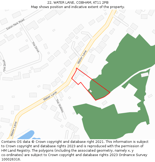 22, WATER LANE, COBHAM, KT11 2PB: Location map and indicative extent of plot