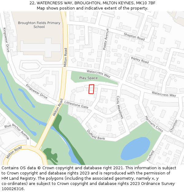 22, WATERCRESS WAY, BROUGHTON, MILTON KEYNES, MK10 7BF: Location map and indicative extent of plot