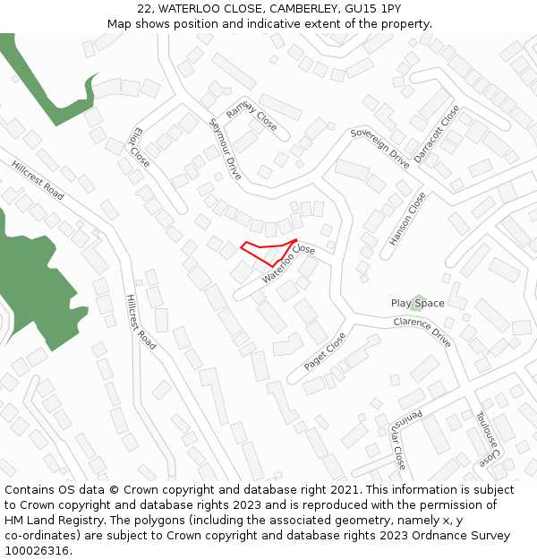 22, WATERLOO CLOSE, CAMBERLEY, GU15 1PY: Location map and indicative extent of plot