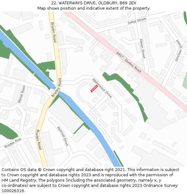 22, WATERWAYS DRIVE, OLDBURY, B69 2EX: Location map and indicative extent of plot