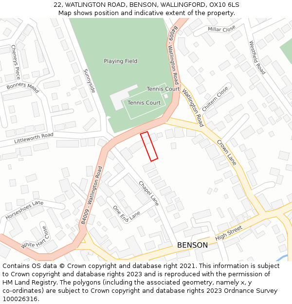 22, WATLINGTON ROAD, BENSON, WALLINGFORD, OX10 6LS: Location map and indicative extent of plot