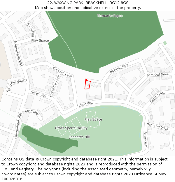 22, WAXWING PARK, BRACKNELL, RG12 8GS: Location map and indicative extent of plot