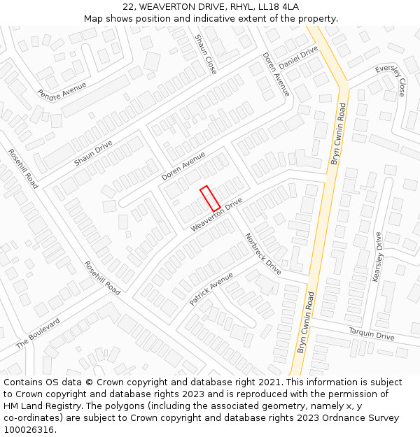 22, WEAVERTON DRIVE, RHYL, LL18 4LA: Location map and indicative extent of plot