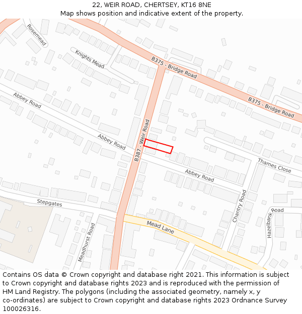 22, WEIR ROAD, CHERTSEY, KT16 8NE: Location map and indicative extent of plot