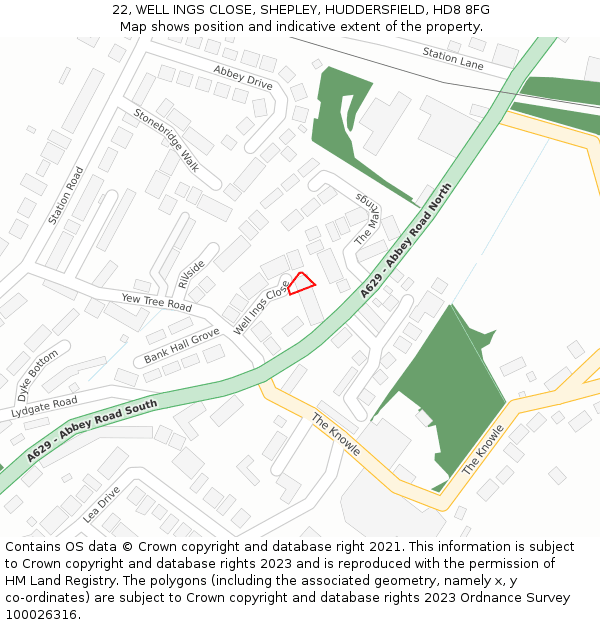 22, WELL INGS CLOSE, SHEPLEY, HUDDERSFIELD, HD8 8FG: Location map and indicative extent of plot