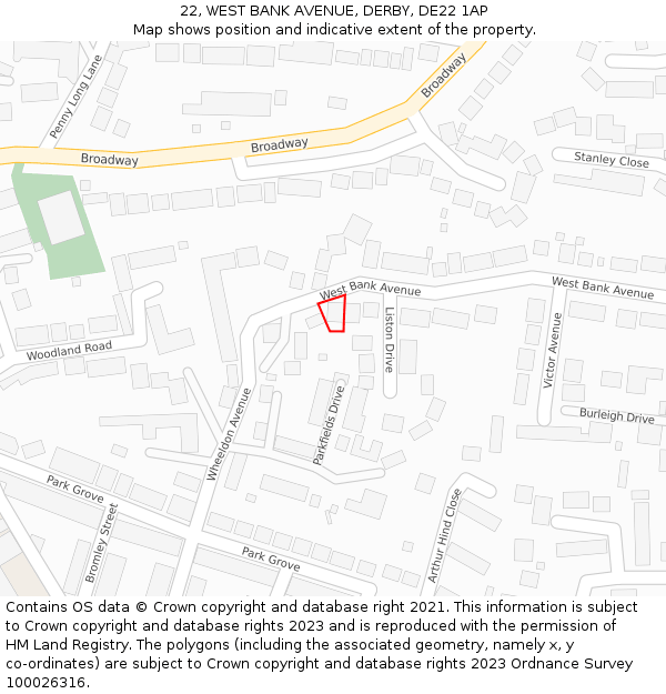 22, WEST BANK AVENUE, DERBY, DE22 1AP: Location map and indicative extent of plot