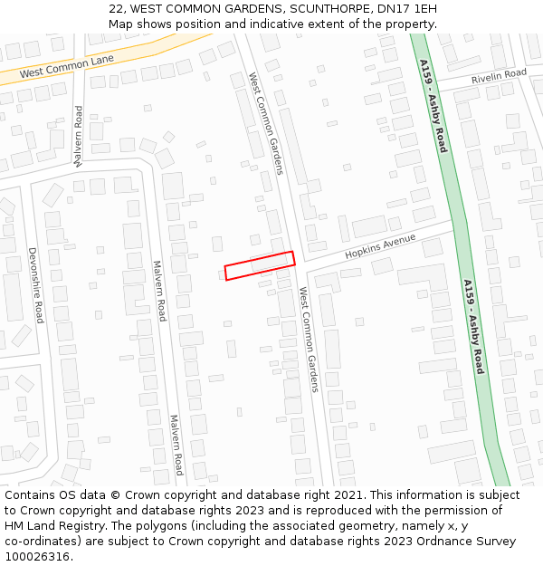 22, WEST COMMON GARDENS, SCUNTHORPE, DN17 1EH: Location map and indicative extent of plot