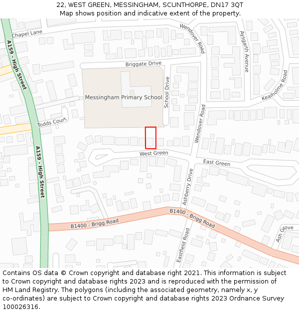 22, WEST GREEN, MESSINGHAM, SCUNTHORPE, DN17 3QT: Location map and indicative extent of plot