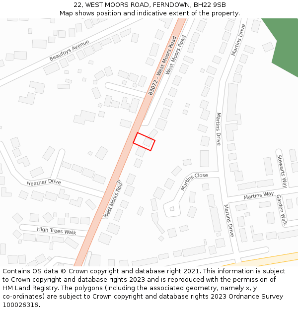 22, WEST MOORS ROAD, FERNDOWN, BH22 9SB: Location map and indicative extent of plot