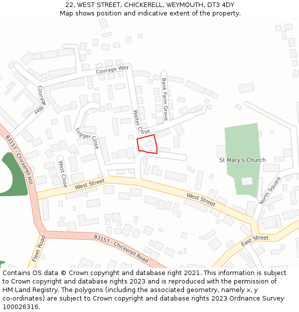 22, WEST STREET, CHICKERELL, WEYMOUTH, DT3 4DY: Location map and indicative extent of plot