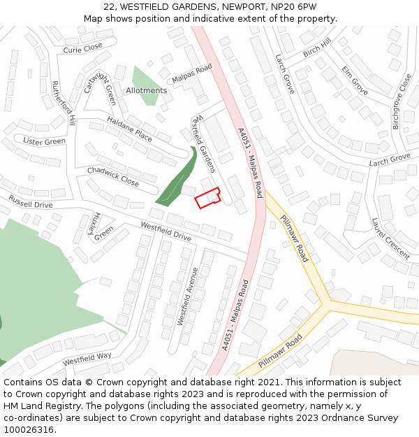 22, WESTFIELD GARDENS, NEWPORT, NP20 6PW: Location map and indicative extent of plot