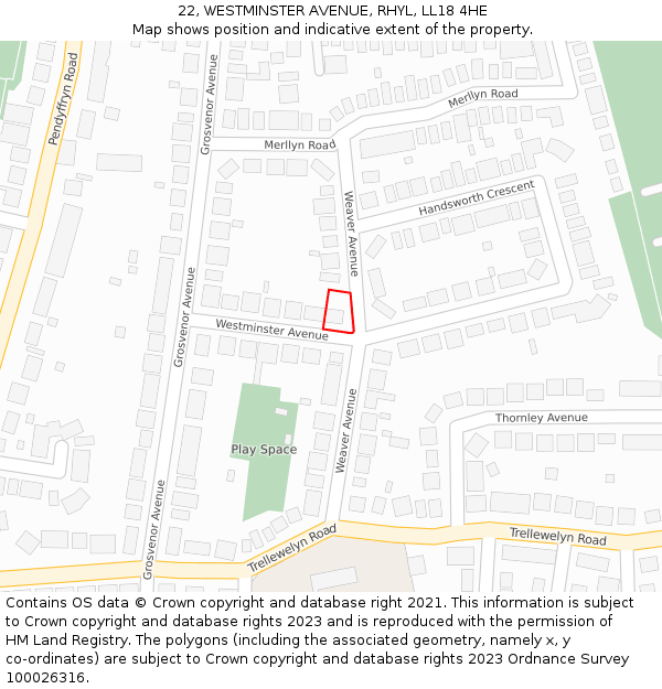 22, WESTMINSTER AVENUE, RHYL, LL18 4HE: Location map and indicative extent of plot