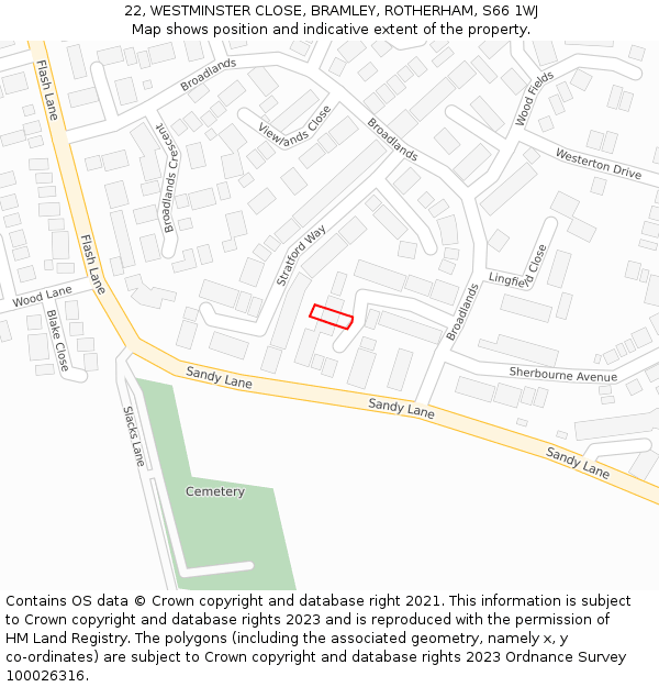 22, WESTMINSTER CLOSE, BRAMLEY, ROTHERHAM, S66 1WJ: Location map and indicative extent of plot