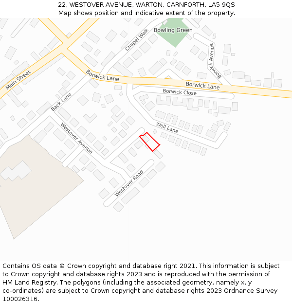 22, WESTOVER AVENUE, WARTON, CARNFORTH, LA5 9QS: Location map and indicative extent of plot