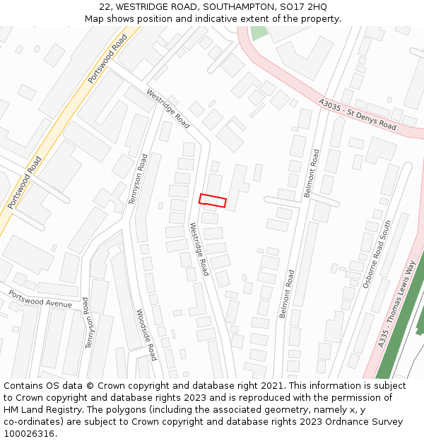 22, WESTRIDGE ROAD, SOUTHAMPTON, SO17 2HQ: Location map and indicative extent of plot
