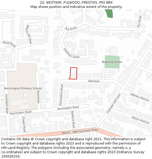 22, WESTWAY, FULWOOD, PRESTON, PR2 8BX: Location map and indicative extent of plot