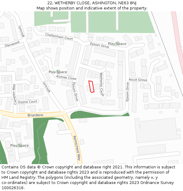 22, WETHERBY CLOSE, ASHINGTON, NE63 8NJ: Location map and indicative extent of plot