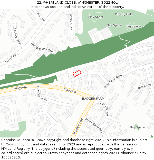 22, WHEATLAND CLOSE, WINCHESTER, SO22 4QL: Location map and indicative extent of plot