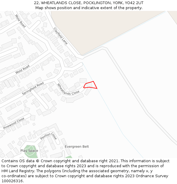 22, WHEATLANDS CLOSE, POCKLINGTON, YORK, YO42 2UT: Location map and indicative extent of plot