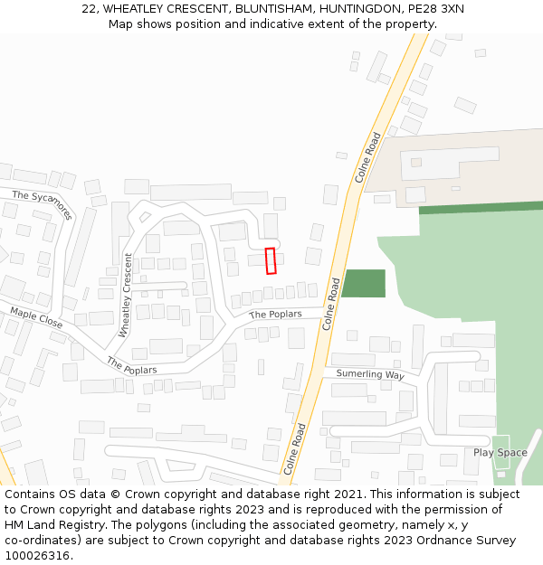 22, WHEATLEY CRESCENT, BLUNTISHAM, HUNTINGDON, PE28 3XN: Location map and indicative extent of plot