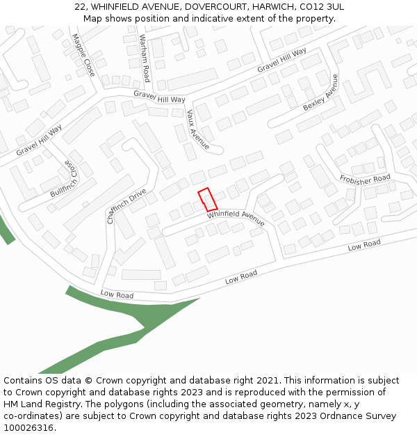 22, WHINFIELD AVENUE, DOVERCOURT, HARWICH, CO12 3UL: Location map and indicative extent of plot