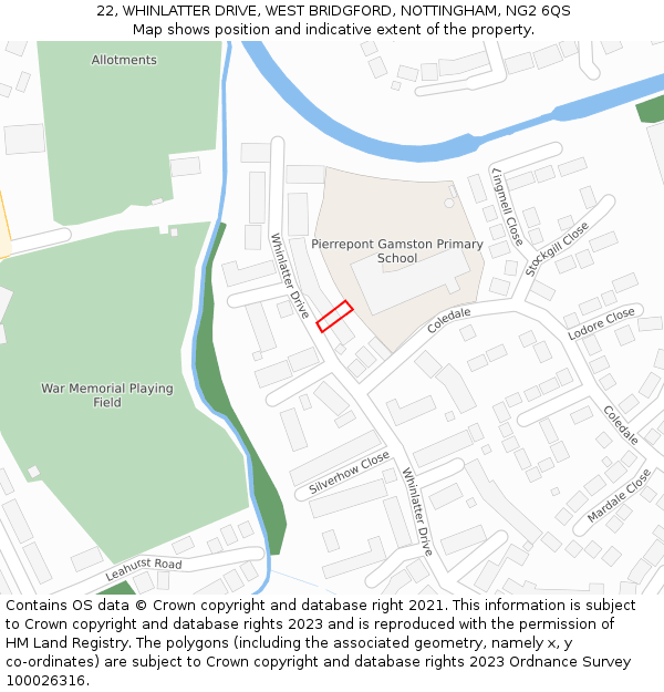 22, WHINLATTER DRIVE, WEST BRIDGFORD, NOTTINGHAM, NG2 6QS: Location map and indicative extent of plot