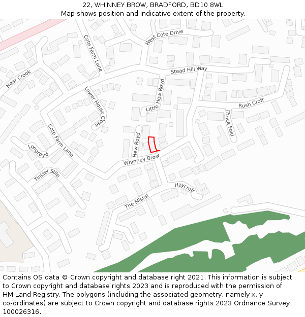 22, WHINNEY BROW, BRADFORD, BD10 8WL: Location map and indicative extent of plot