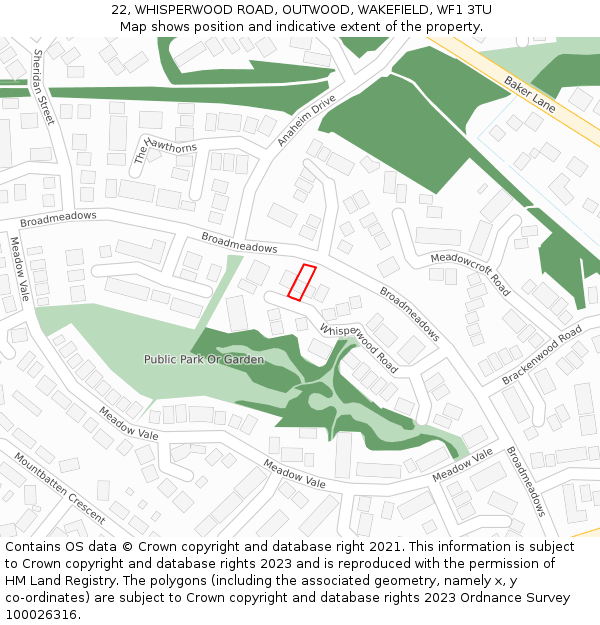 22, WHISPERWOOD ROAD, OUTWOOD, WAKEFIELD, WF1 3TU: Location map and indicative extent of plot