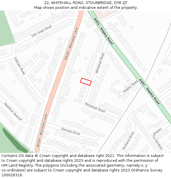 22, WHITEHALL ROAD, STOURBRIDGE, DY8 2JT: Location map and indicative extent of plot