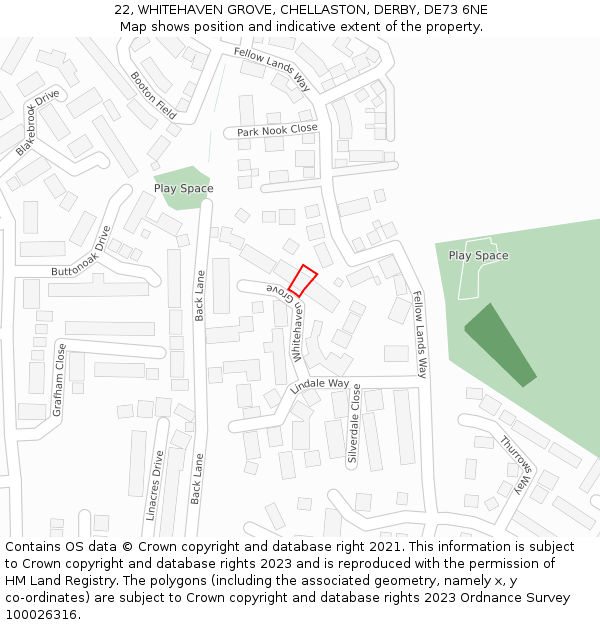 22, WHITEHAVEN GROVE, CHELLASTON, DERBY, DE73 6NE: Location map and indicative extent of plot