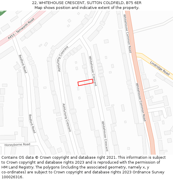 22, WHITEHOUSE CRESCENT, SUTTON COLDFIELD, B75 6ER: Location map and indicative extent of plot