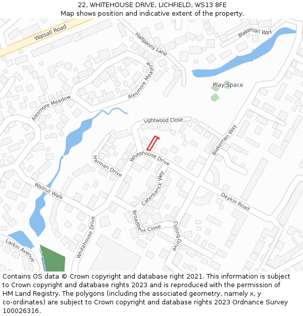 22, WHITEHOUSE DRIVE, LICHFIELD, WS13 8FE: Location map and indicative extent of plot
