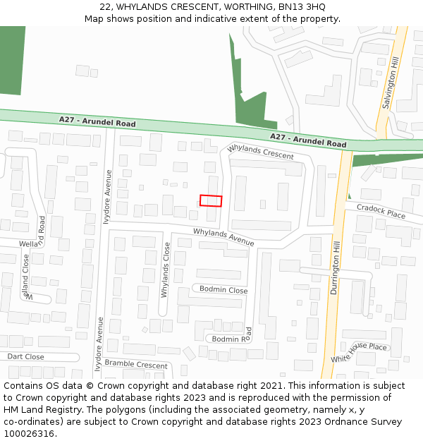 22, WHYLANDS CRESCENT, WORTHING, BN13 3HQ: Location map and indicative extent of plot