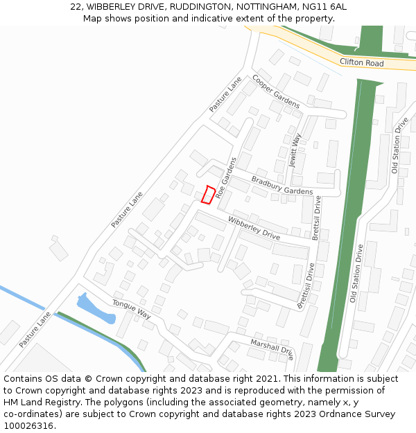 22, WIBBERLEY DRIVE, RUDDINGTON, NOTTINGHAM, NG11 6AL: Location map and indicative extent of plot