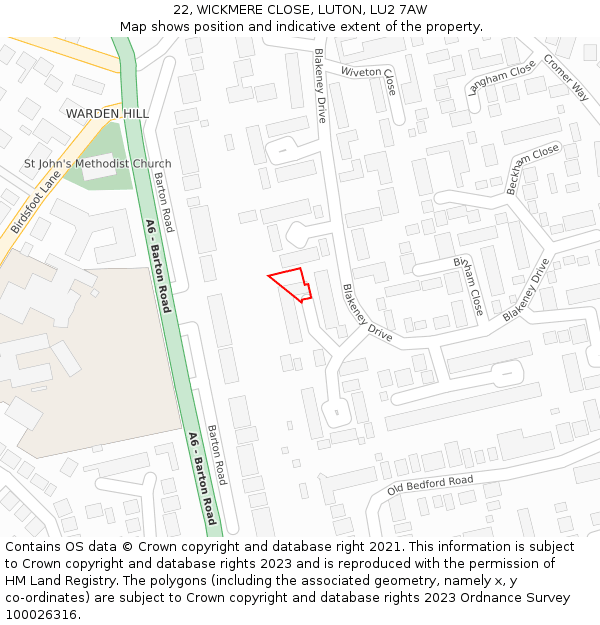 22, WICKMERE CLOSE, LUTON, LU2 7AW: Location map and indicative extent of plot