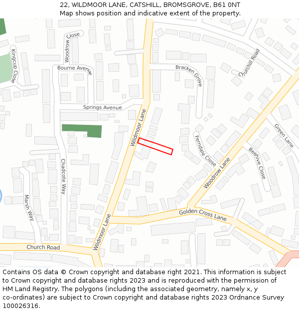 22, WILDMOOR LANE, CATSHILL, BROMSGROVE, B61 0NT: Location map and indicative extent of plot