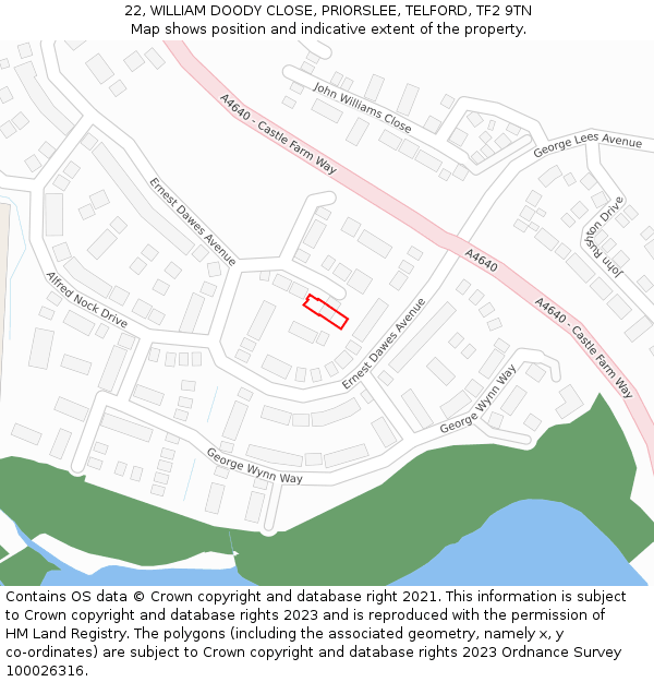 22, WILLIAM DOODY CLOSE, PRIORSLEE, TELFORD, TF2 9TN: Location map and indicative extent of plot