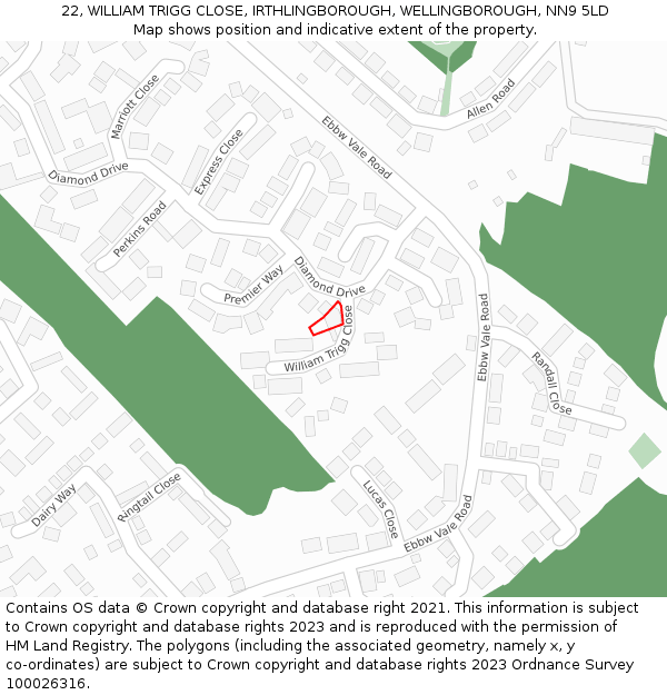 22, WILLIAM TRIGG CLOSE, IRTHLINGBOROUGH, WELLINGBOROUGH, NN9 5LD: Location map and indicative extent of plot