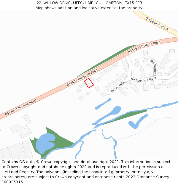 22, WILLOW DRIVE, UFFCULME, CULLOMPTON, EX15 3FR: Location map and indicative extent of plot