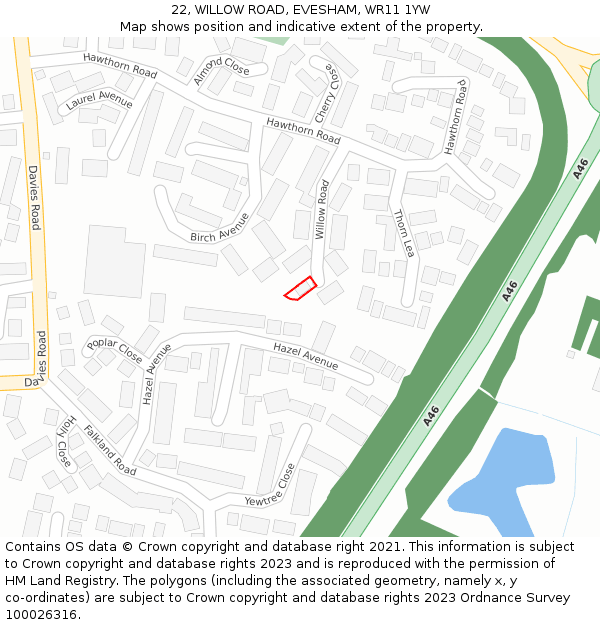 22, WILLOW ROAD, EVESHAM, WR11 1YW: Location map and indicative extent of plot