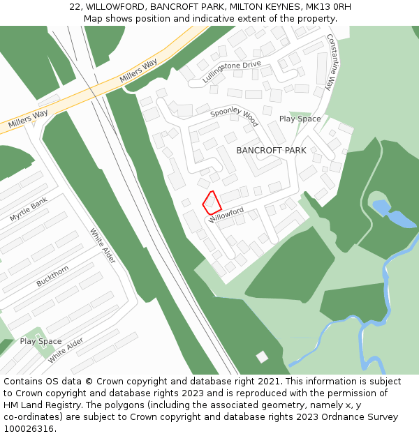 22, WILLOWFORD, BANCROFT PARK, MILTON KEYNES, MK13 0RH: Location map and indicative extent of plot