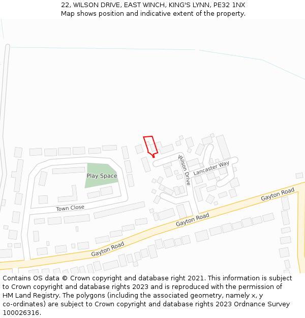 22, WILSON DRIVE, EAST WINCH, KING'S LYNN, PE32 1NX: Location map and indicative extent of plot