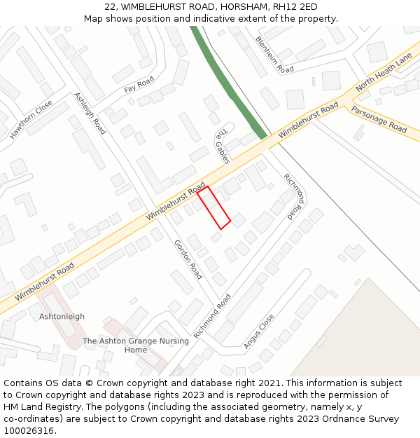22, WIMBLEHURST ROAD, HORSHAM, RH12 2ED: Location map and indicative extent of plot