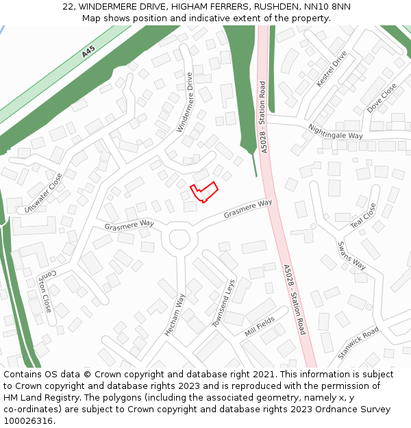 22, WINDERMERE DRIVE, HIGHAM FERRERS, RUSHDEN, NN10 8NN: Location map and indicative extent of plot
