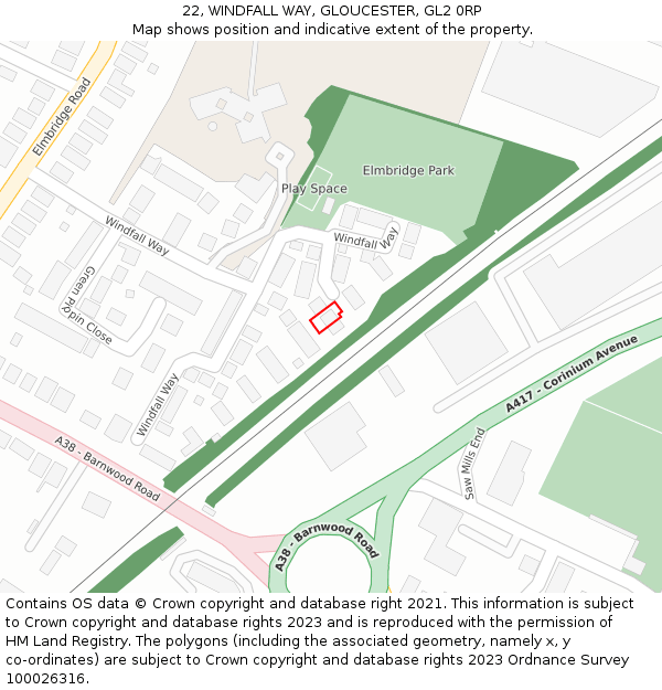 22, WINDFALL WAY, GLOUCESTER, GL2 0RP: Location map and indicative extent of plot