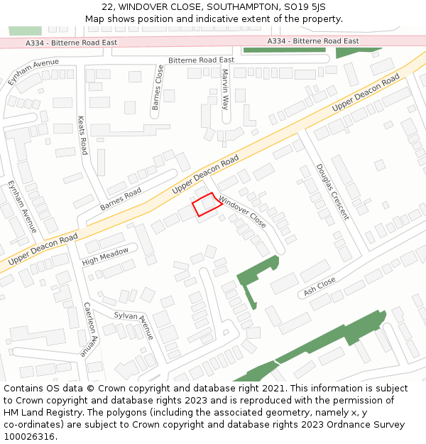 22, WINDOVER CLOSE, SOUTHAMPTON, SO19 5JS: Location map and indicative extent of plot