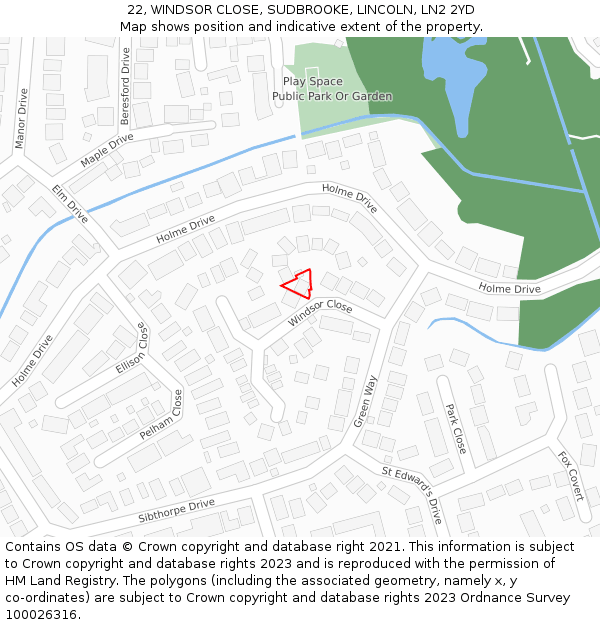 22, WINDSOR CLOSE, SUDBROOKE, LINCOLN, LN2 2YD: Location map and indicative extent of plot