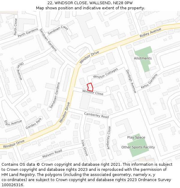 22, WINDSOR CLOSE, WALLSEND, NE28 0PW: Location map and indicative extent of plot