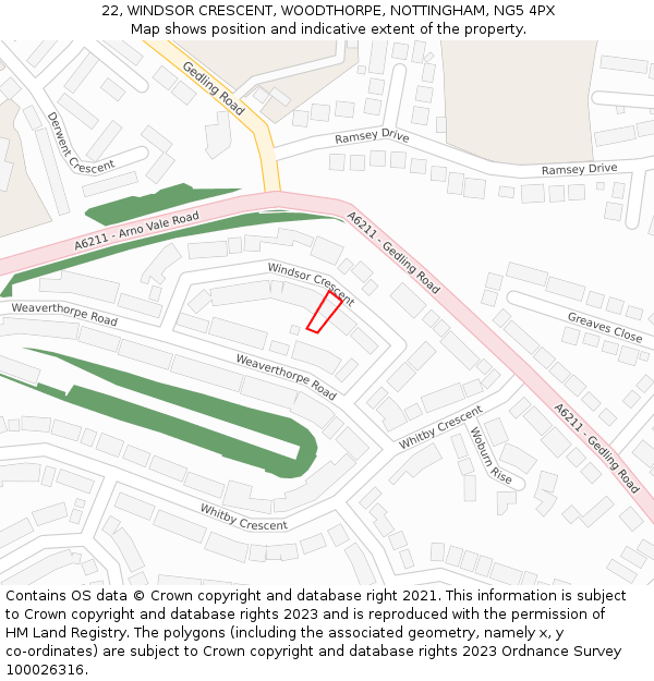 22, WINDSOR CRESCENT, WOODTHORPE, NOTTINGHAM, NG5 4PX: Location map and indicative extent of plot